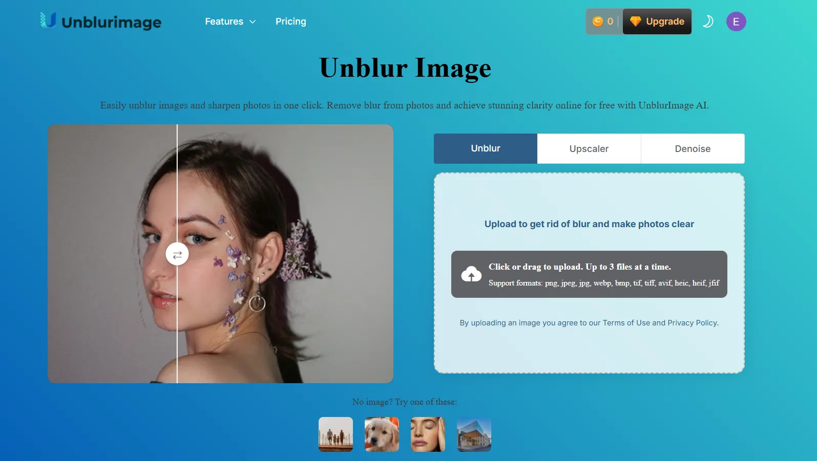 Giao diện trang chủ UnblurImage AI với khung tải ảnh để làm rõ