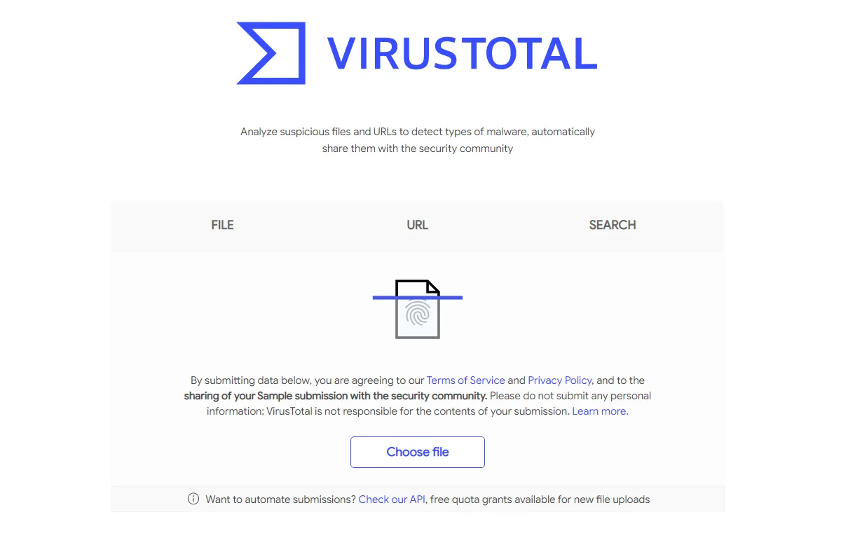 Giao diện trang chủ VirusTotal, một công cụ quét virus trực tuyến hiệu quả.