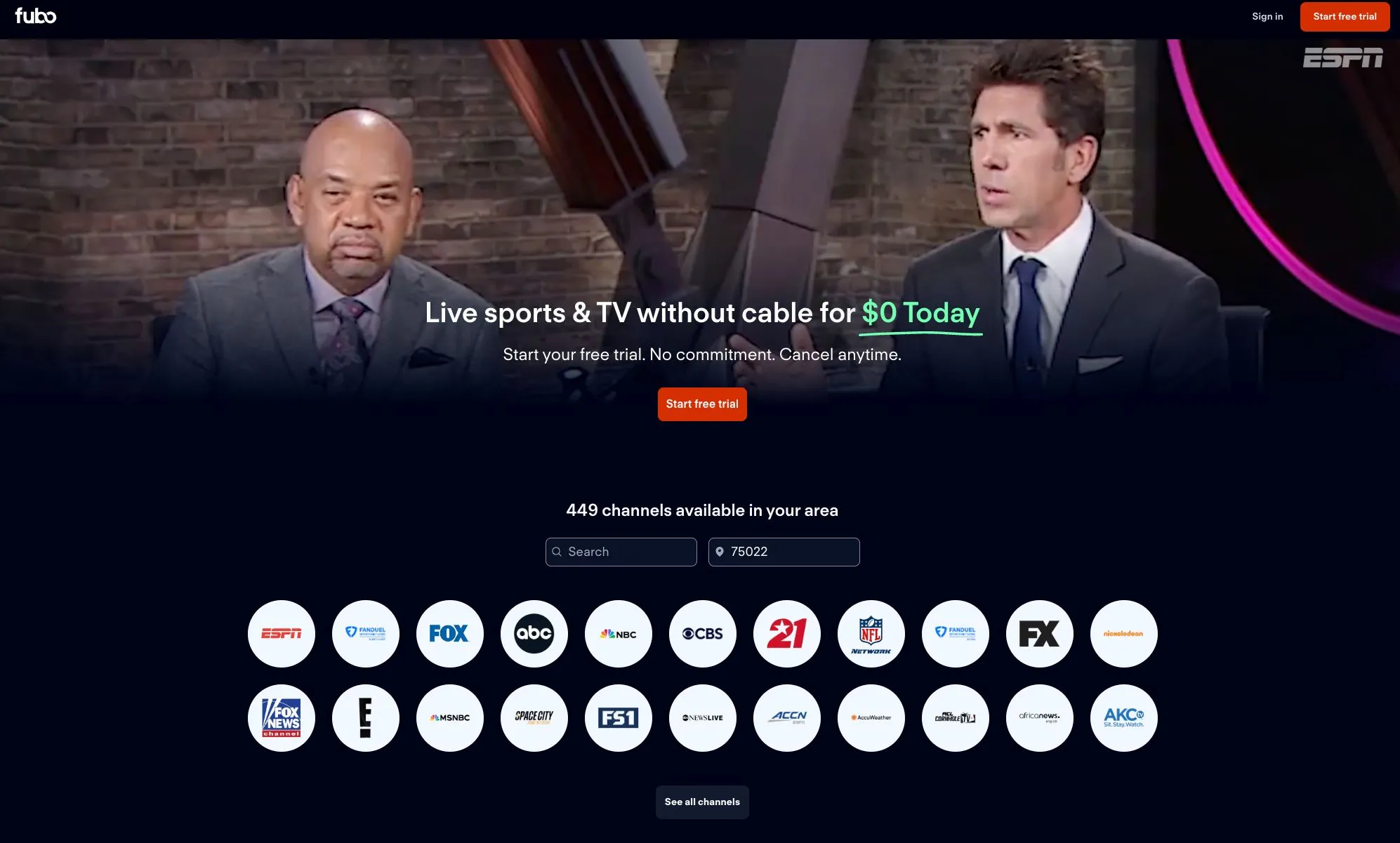 Giao diện trang web chính thức của dịch vụ live streaming Fubo TV, nơi người dùng có thể tìm hiểu về các gói cước và đăng ký.