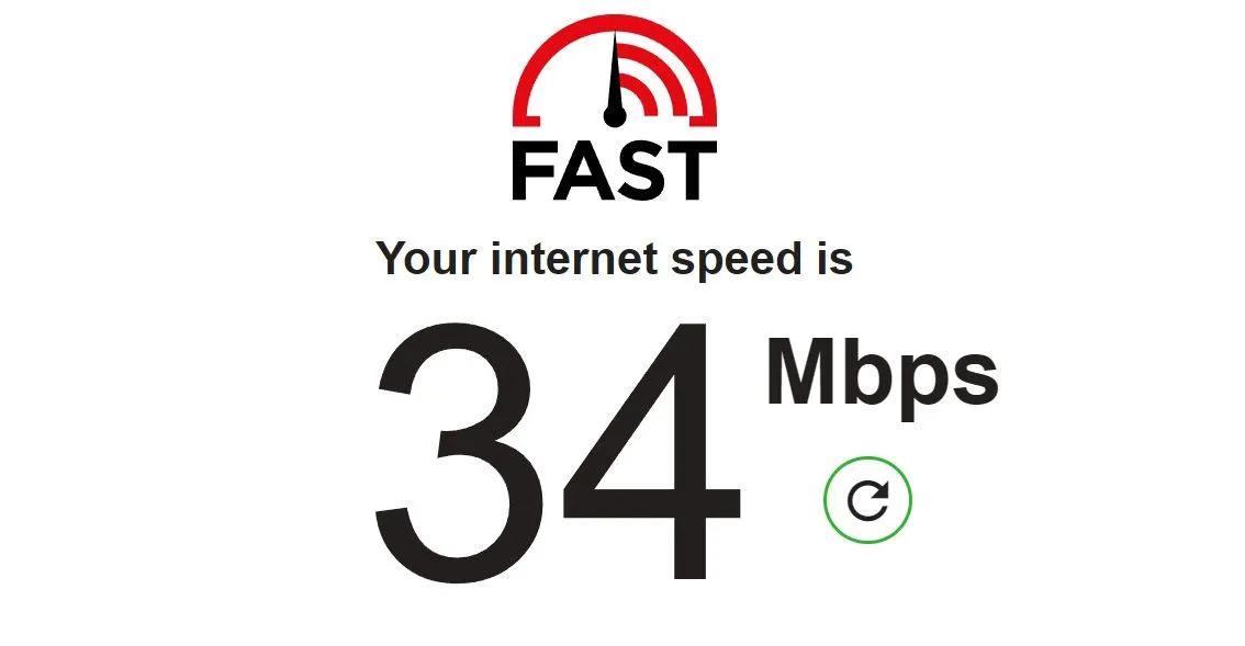 Giao diện trang web FAST.com hiển thị kết quả kiểm tra tốc độ internet nhanh