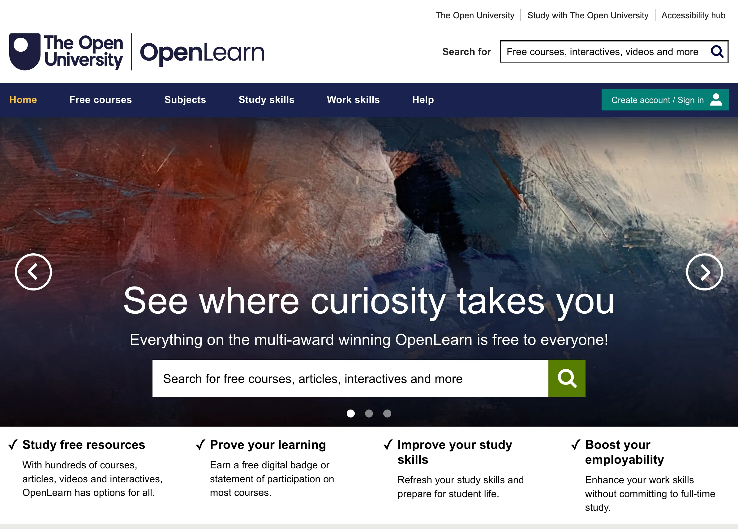 Giao diện trang web học trực tuyến miễn phí OpenLearn của The Open University