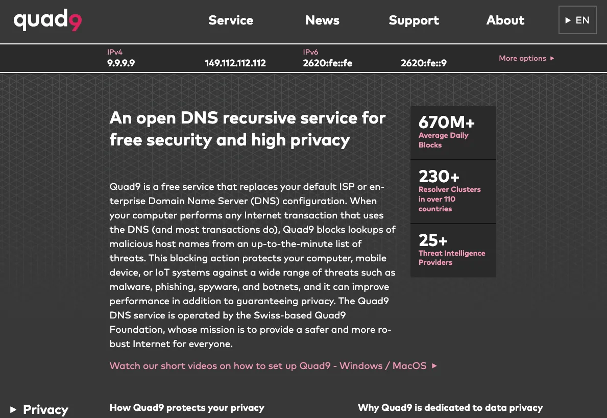 Giao diện trang web Quad9, dịch vụ phân giải DNS ưu tiên quyền riêng tư và bảo mật