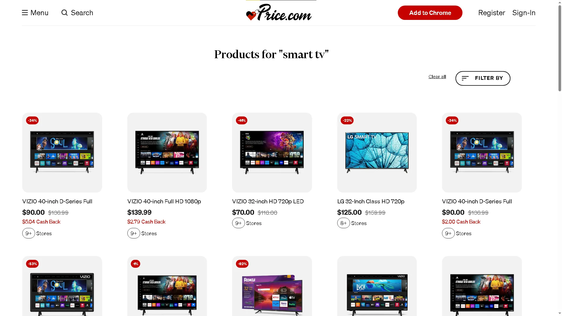 Giao diện trang web so sánh giá khi tìm kiếm các mẫu Smart TV
