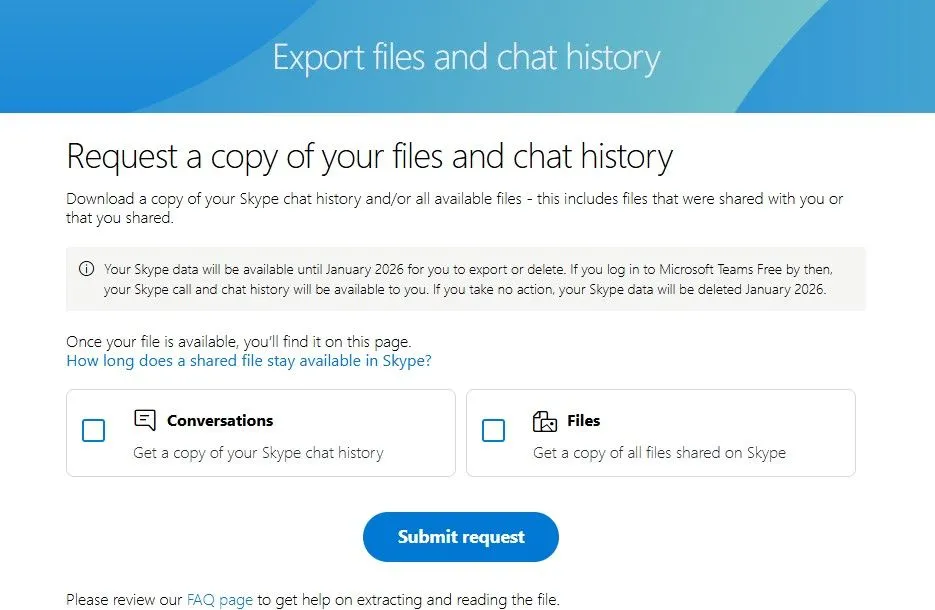 Giao diện trang xuất dữ liệu và lịch sử trò chuyện Skype