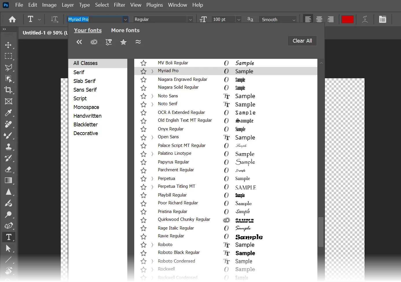 Giao diện trình duyệt font trong Adobe Photoshop hiển thị danh sách và tùy chọn lọc font