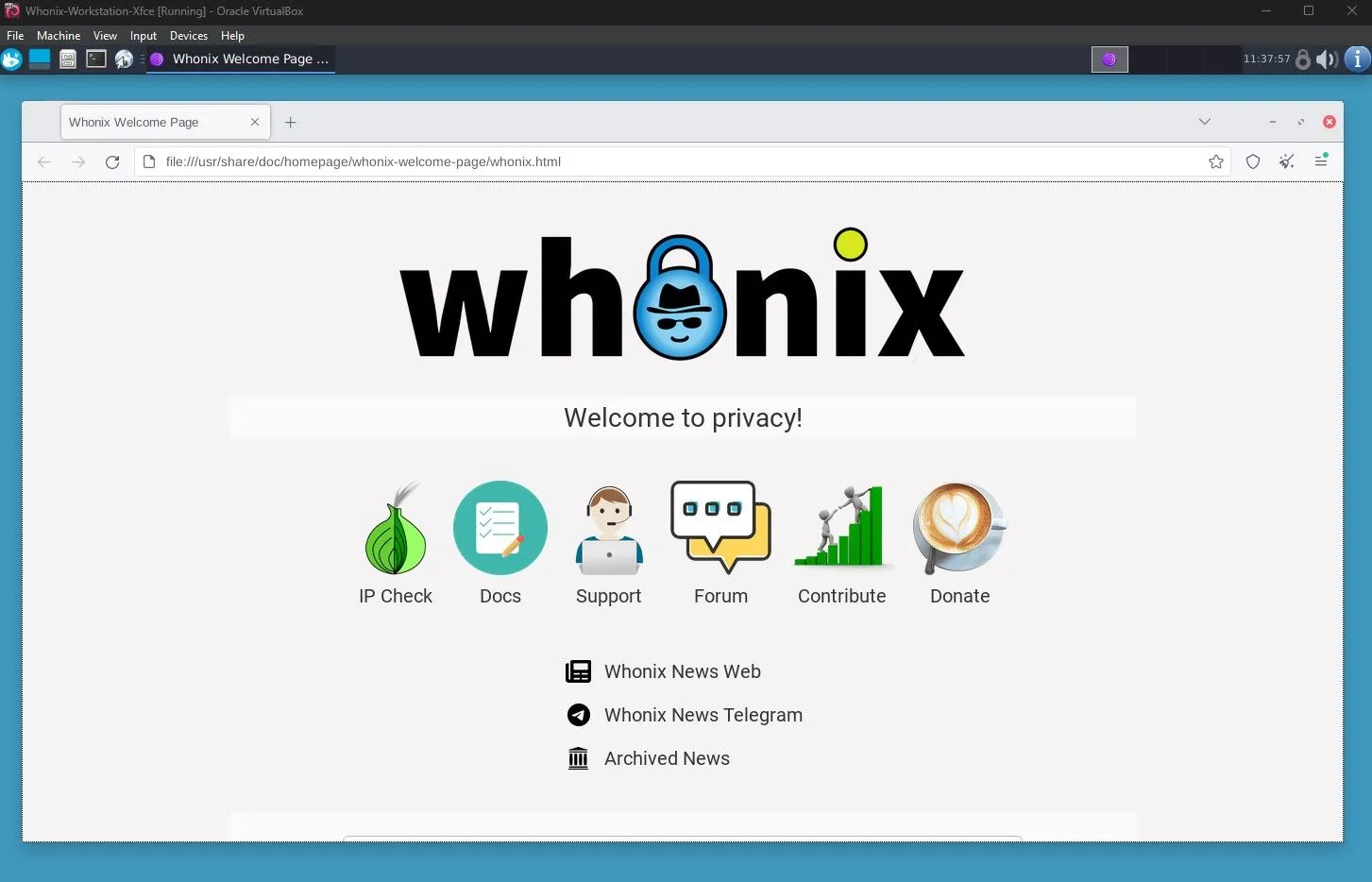 Giao diện trình duyệt web mặc định của Whonix trong môi trường máy ảo