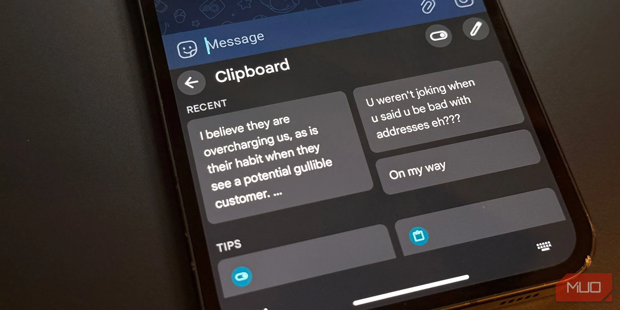 Giao diện trình quản lý bảng nhớ tạm (Clipboard Manager) trên Android 15, hiển thị lịch sử các mục đã sao chép