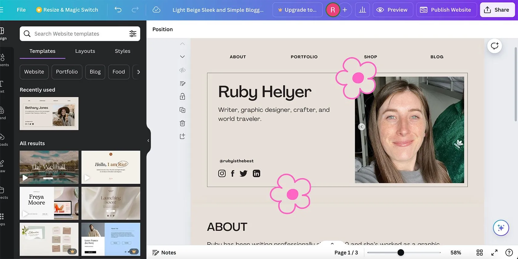 Giao diện trình tạo website Canva