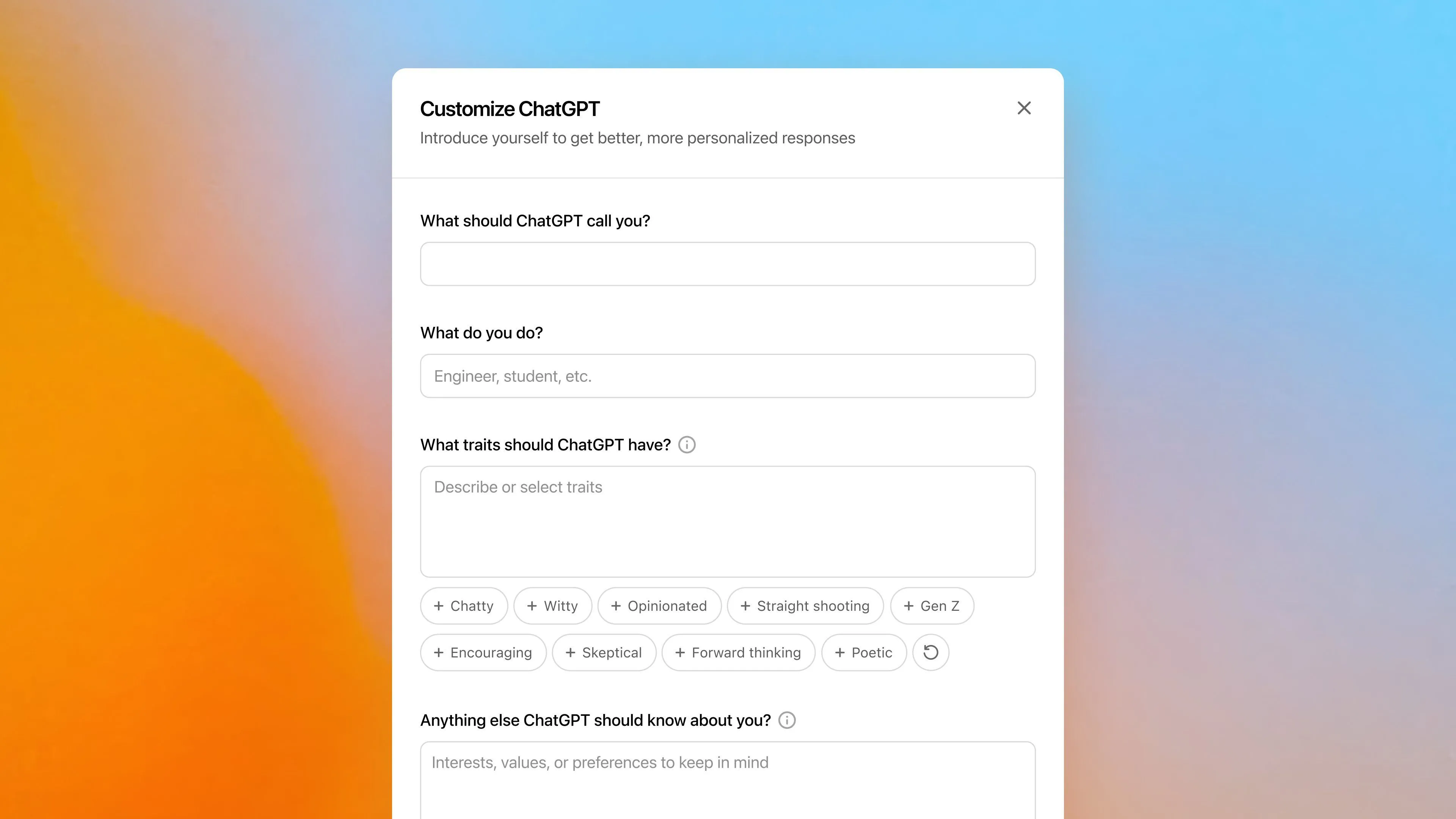 Giao diện tùy chỉnh ChatGPT trên web, cho phép người dùng cá nhân hóa chatbot với tên gọi, nghề nghiệp và các đặc điểm tính cách.
