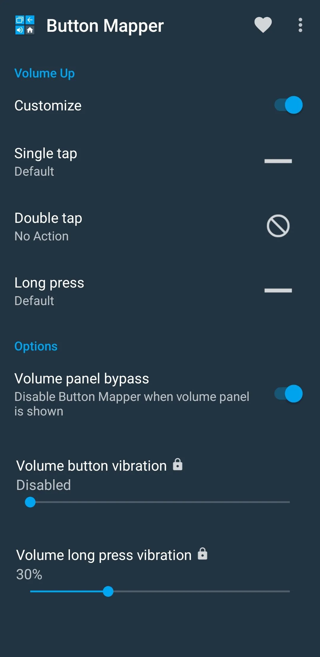 Giao diện tùy chỉnh của ứng dụng Button Mapper trên điện thoại Android, cho phép gán các hành động đa dạng cho từng loại nhấn nút.