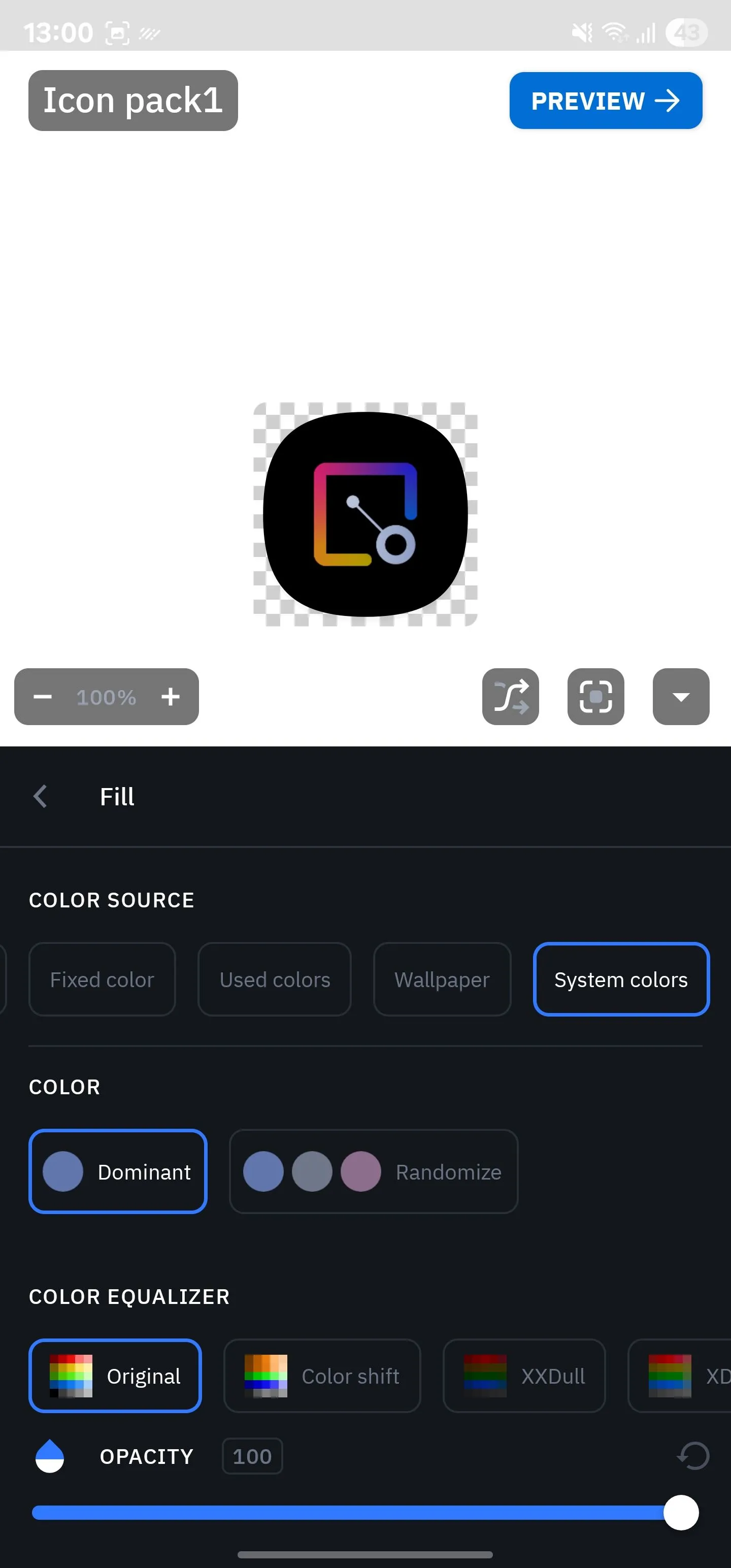 Giao diện tùy chỉnh màu sắc biểu tượng trong Icon Pack Studio trên Smart Launcher, giúp đồng bộ hóa với chủ đề giao diện.