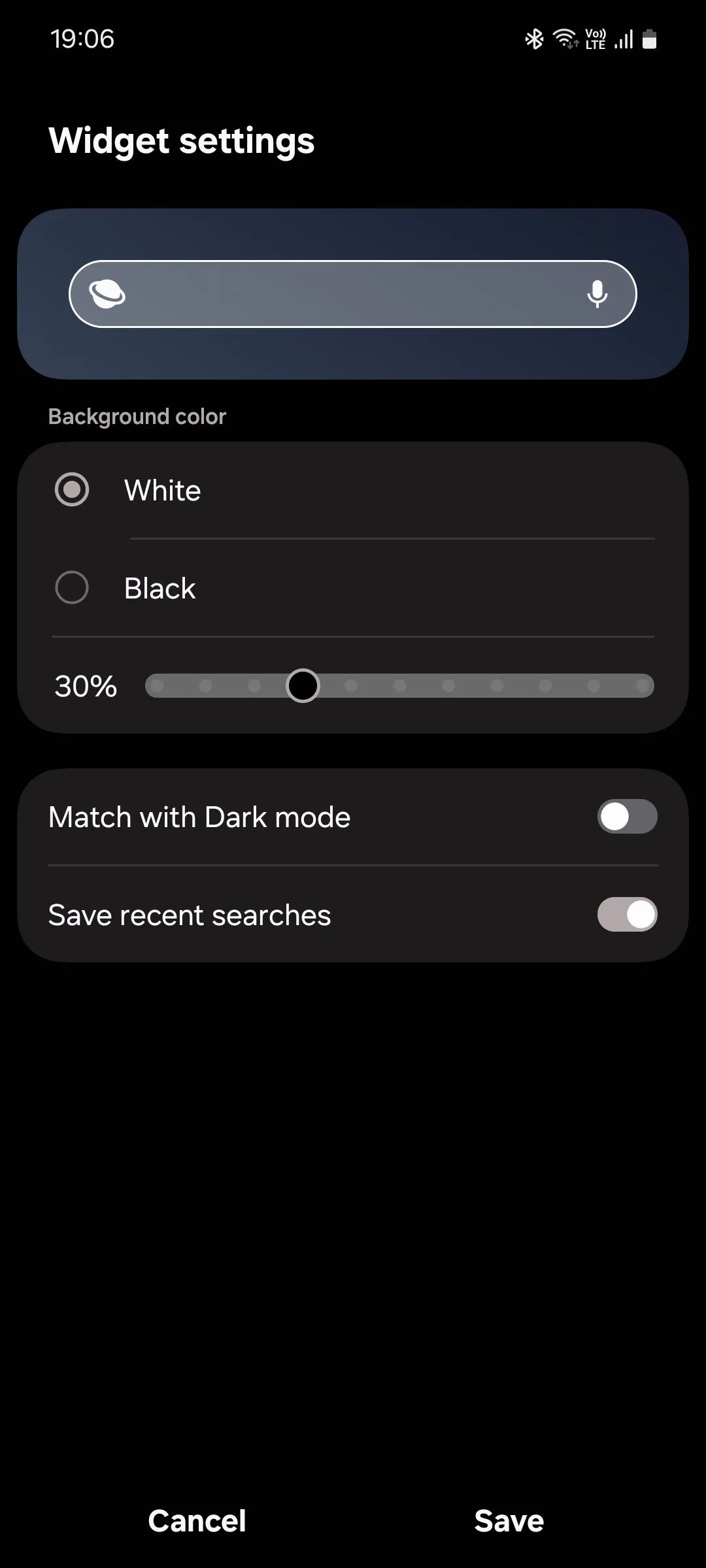 Giao diện tùy chỉnh widget tìm kiếm của trình duyệt Samsung Internet với các tùy chọn màu sắc và hình dạng