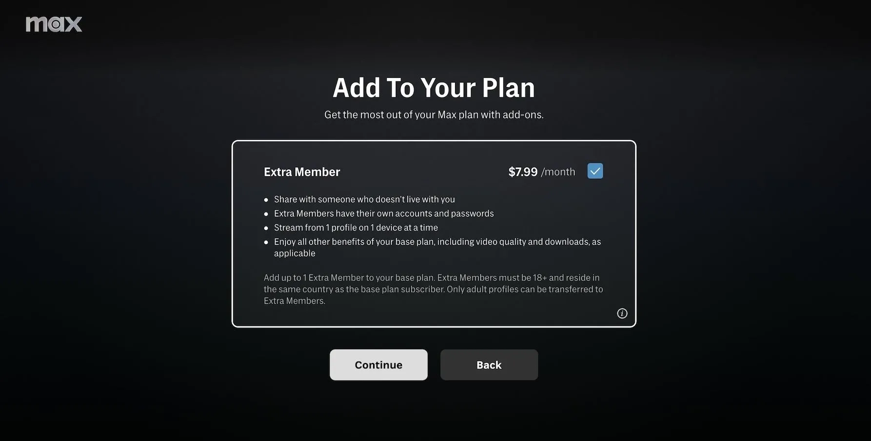 Giao diện tùy chọn Extra Member Add-On để chia sẻ tài khoản Max của Warner Bros. Discovery