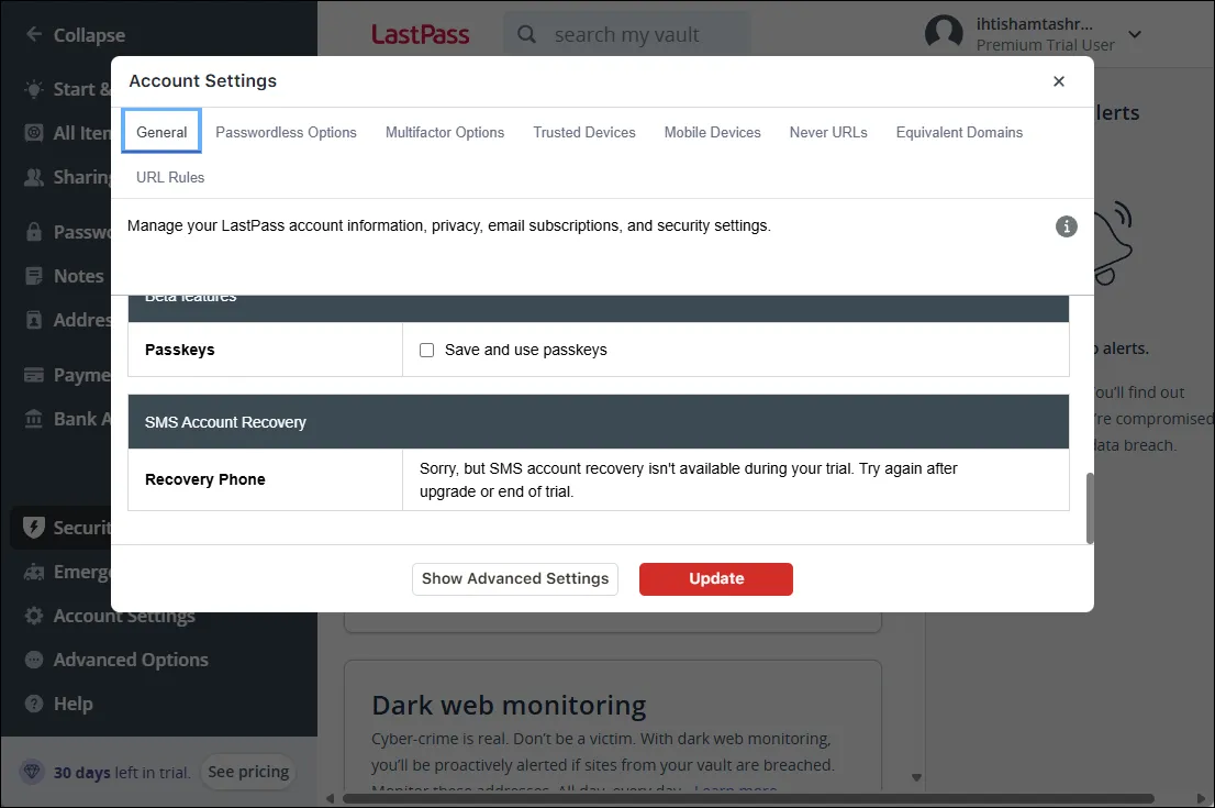 Giao diện tùy chọn khôi phục tài khoản trên nền tảng web của LastPass