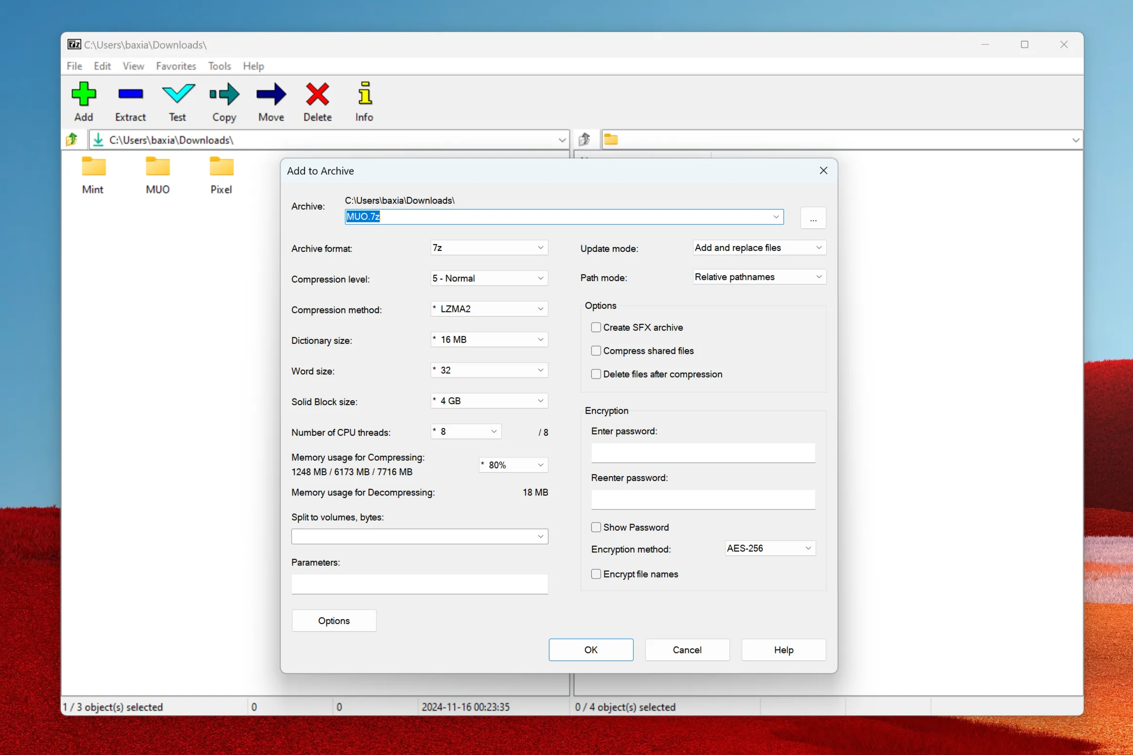 Giao diện tùy chọn tạo kho lưu trữ 7z mới trong phần mềm 7-Zip.