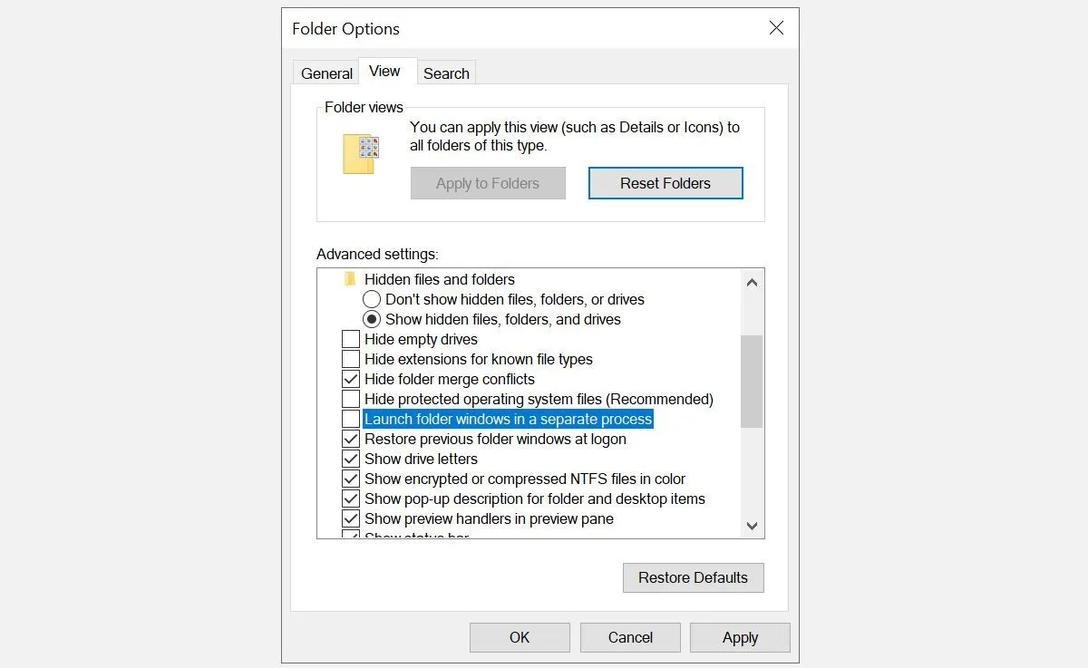 Giao diện Tùy chọn Thư mục trên Windows, phần tùy chọn xem