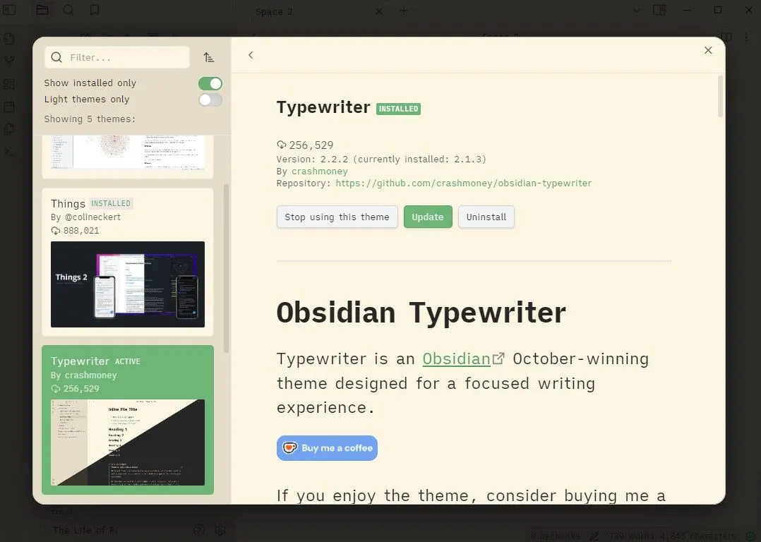 Giao diện Typewriter Theme của Obsidian với nền trắng và phông chữ cổ điển mô phỏng máy đánh chữ