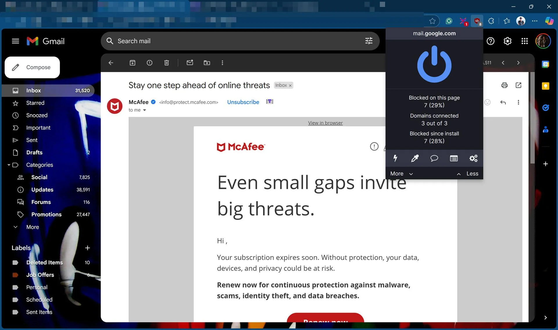 Giao diện uBlock Origin hiển thị trạng thái chặn pixel theo dõi email