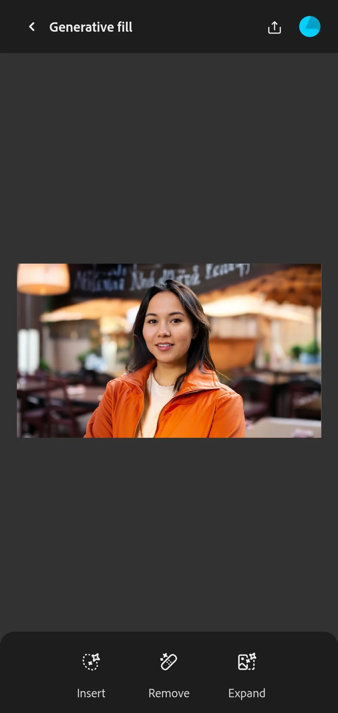 Giao diện ứng dụng Adobe Firefly hiển thị các biểu tượng tính năng Generative Fill