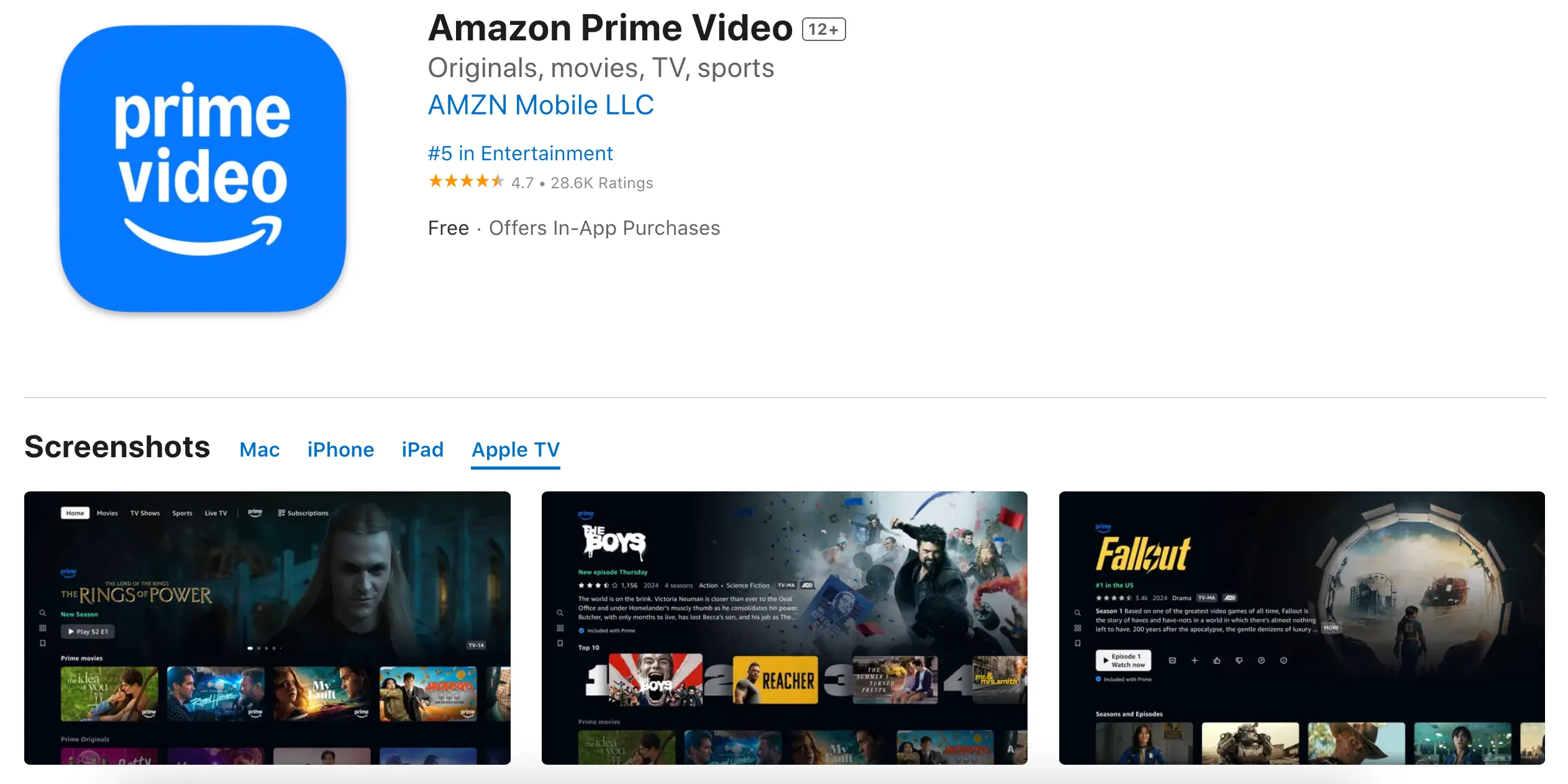 Giao diện ứng dụng Amazon Prime Video trên thiết bị Apple TV, hiển thị các nội dung phim và chương trình truyền hình sẵn có.