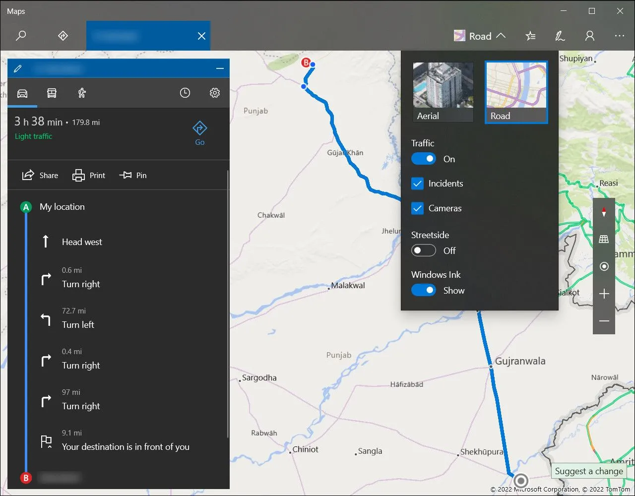 Giao diện ứng dụng Bản đồ (Maps) của Windows, cho thấy tính năng và hạn chế so với các lựa chọn khác.