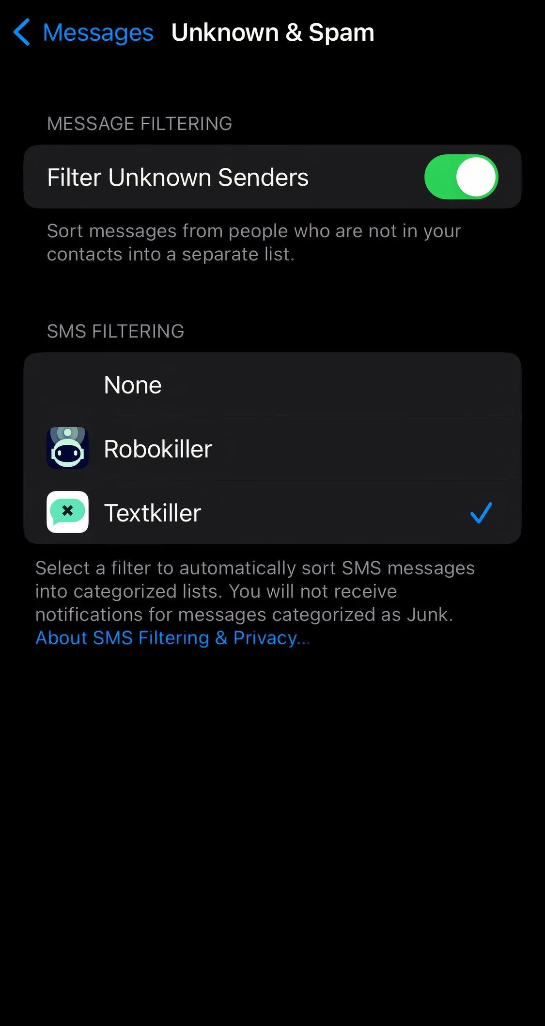 Giao diện ứng dụng chặn tin nhắn rác TextKiller giúp phòng chống Smishing