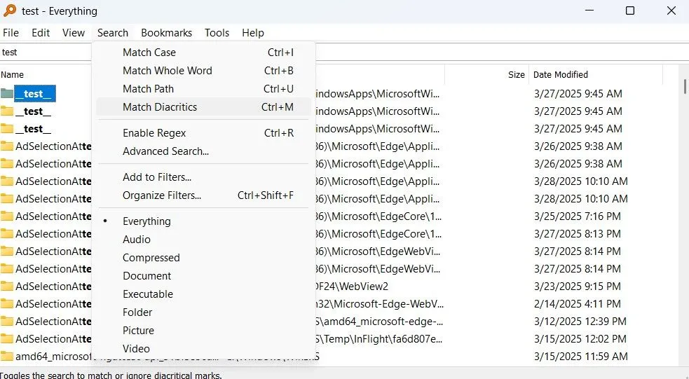 Giao diện ứng dụng Everything hiển thị kết quả tìm kiếm file gần như tức thì trên hệ thống Windows.