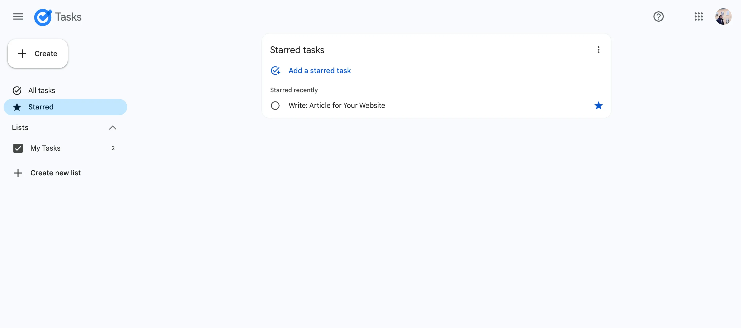 Giao diện ứng dụng Google Tasks trên điện thoại hiển thị các nhiệm vụ được đánh dấu sao