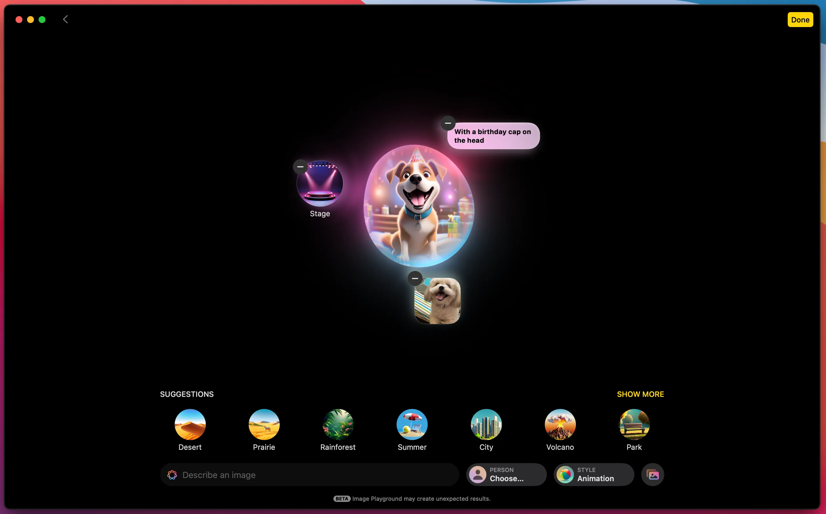 Giao diện ứng dụng Image Playground của Apple Intelligence đang tạo hình ảnh AI một chú chó theo phong cách hoạt hình