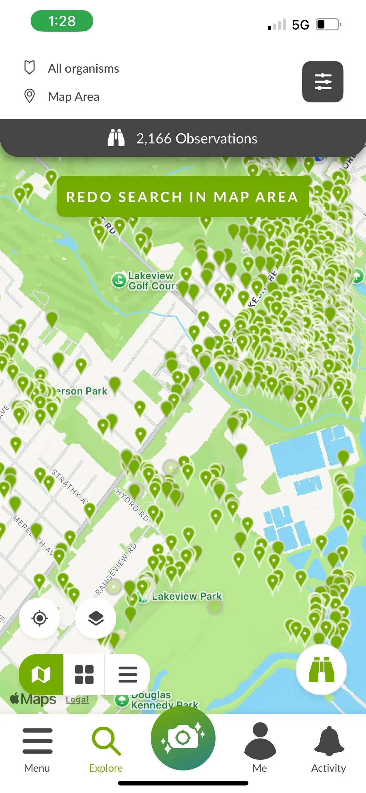 Giao diện ứng dụng iNaturalist hiển thị bản đồ các điểm nóng quan sát động vật hoang dã, hỗ trợ người chụp ảnh tìm kiếm và tiếp cận chủ thể hiệu quả.
