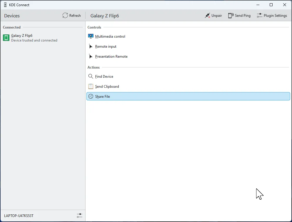 Giao diện ứng dụng KDE Connect trên Windows 11 hiển thị kết nối với điện thoại