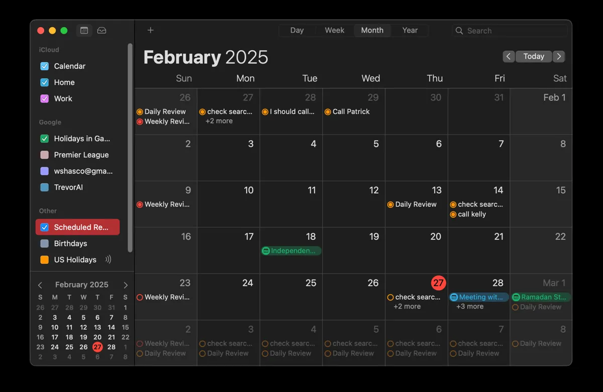 Giao diện ứng dụng Lịch (Calendar) của Apple trên máy Mac, minh họa cách quản lý thời gian và các sự kiện cá nhân hiệu quả.