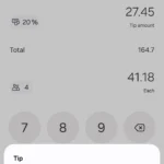 Giao diện ứng dụng Máy tính Samsung hướng dẫn tính phần trăm tiền tip và chia hóa đơn