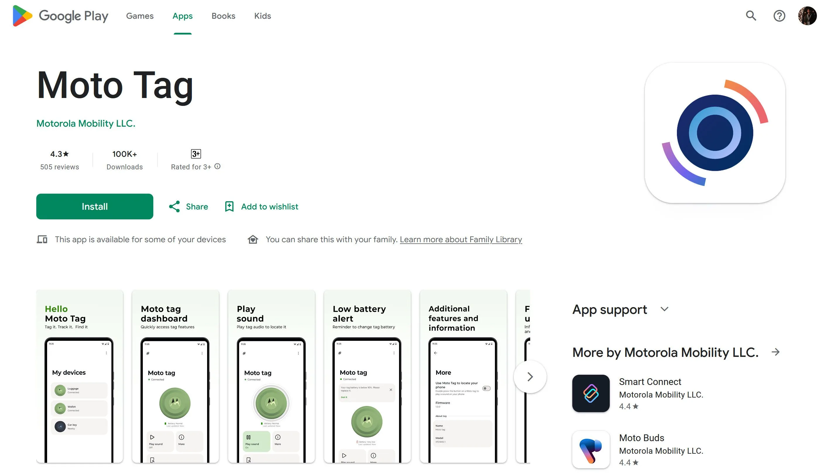 Giao diện ứng dụng Moto Tag trên Google Play Store, cho thấy tùy chọn cập nhật phiên bản mới để kích hoạt UWB