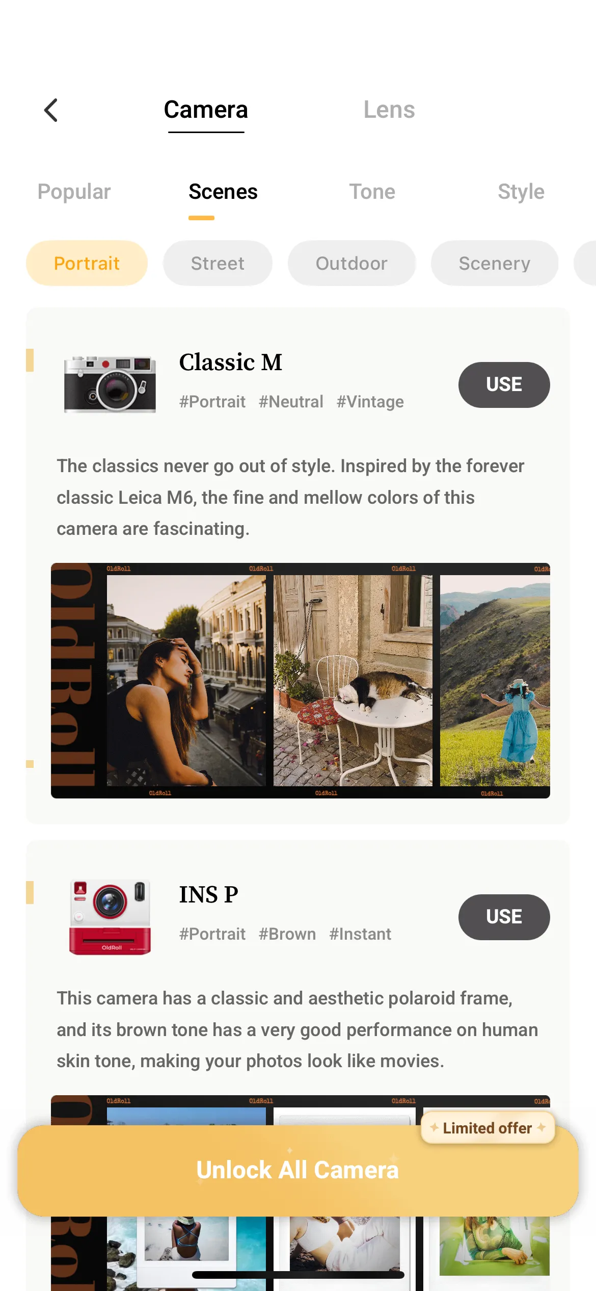 Giao diện ứng dụng OldRoll hiển thị các tùy chọn camera giả lập film miễn phí và cao cấp.