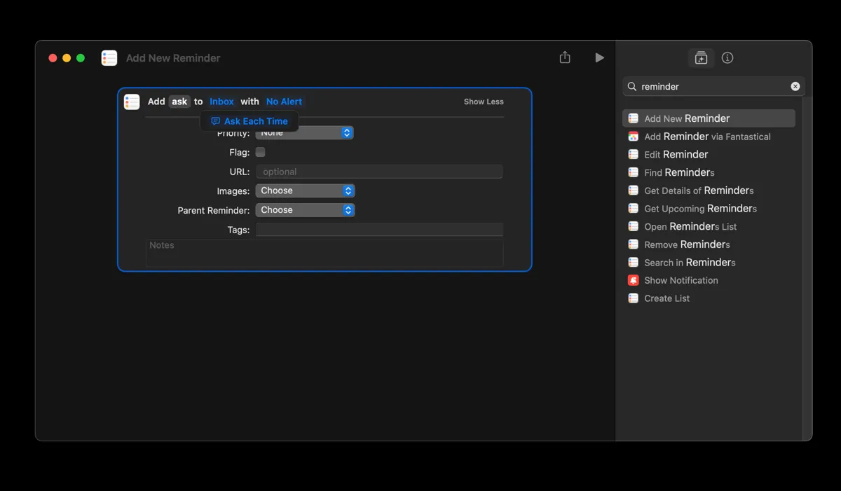 Giao diện ứng dụng Shortcuts trên macOS, hiển thị bước tạo hành động thêm lời nhắc mới