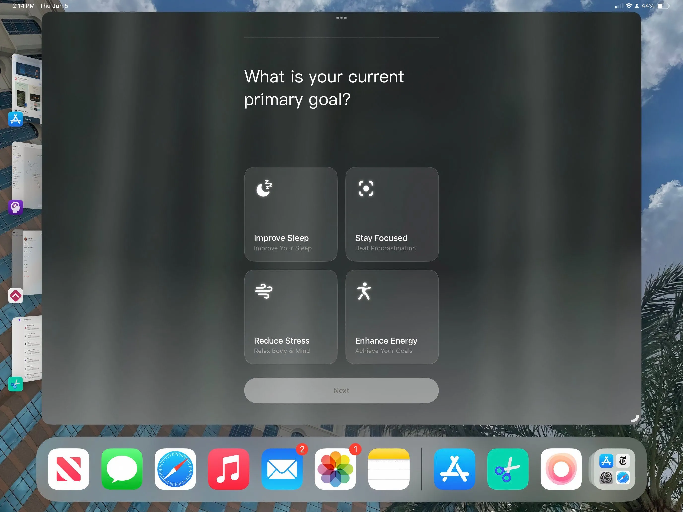 Giao diện ứng dụng TIDE trên iPad với chức năng thiền định và âm thanh thư giãn