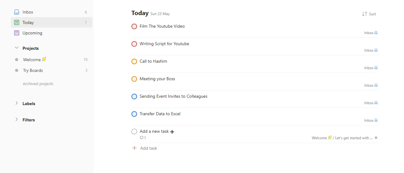 Giao diện ứng dụng Todoist hiển thị cài đặt mức độ ưu tiên công việc, liên quan đến Ma trận Eisenhower