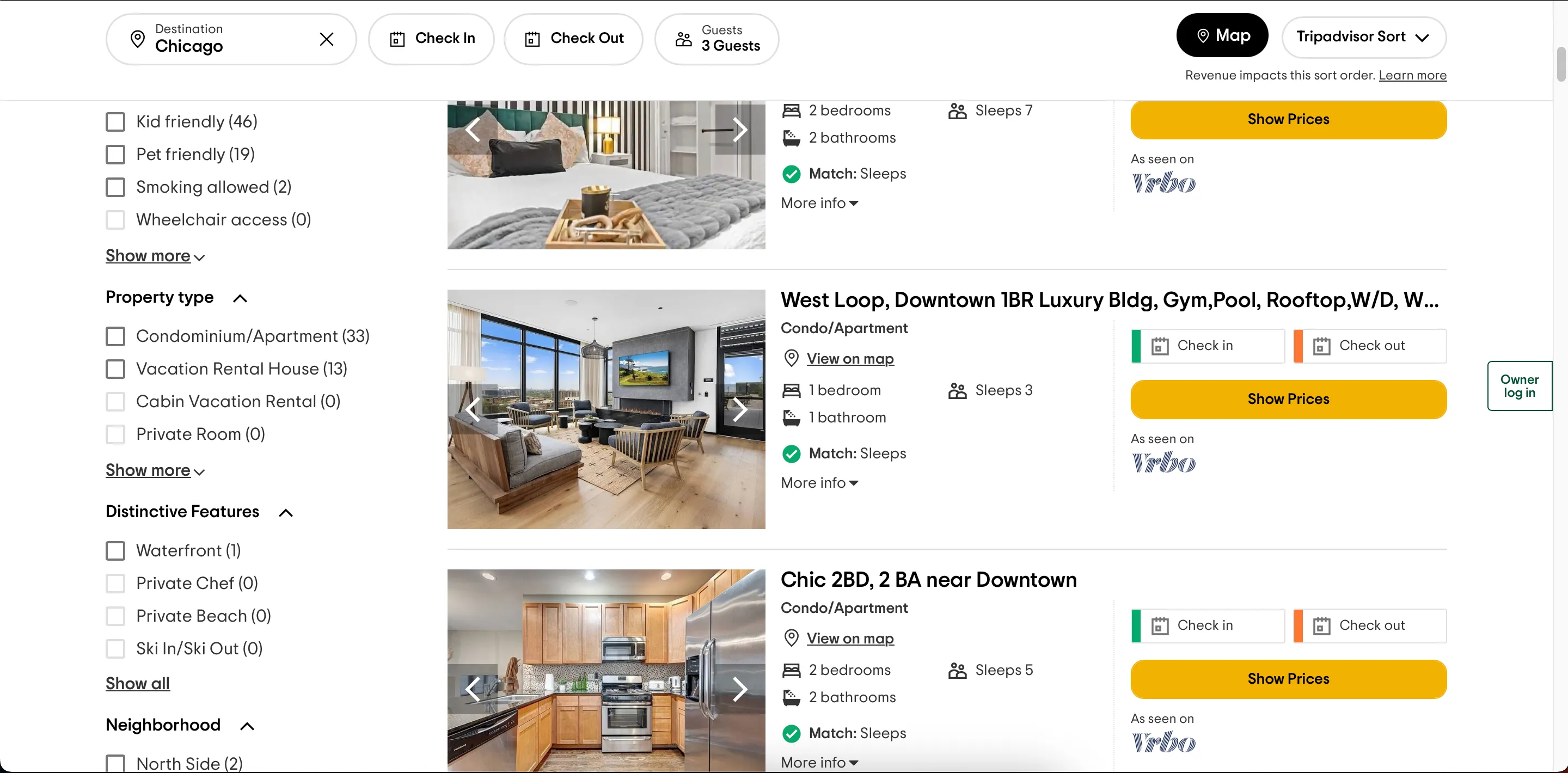Giao diện ứng dụng Tripadvisor khi tìm kiếm nhà nghỉ dưỡng, hiển thị tùy chọn &quot;Vacation Rentals&quot;.