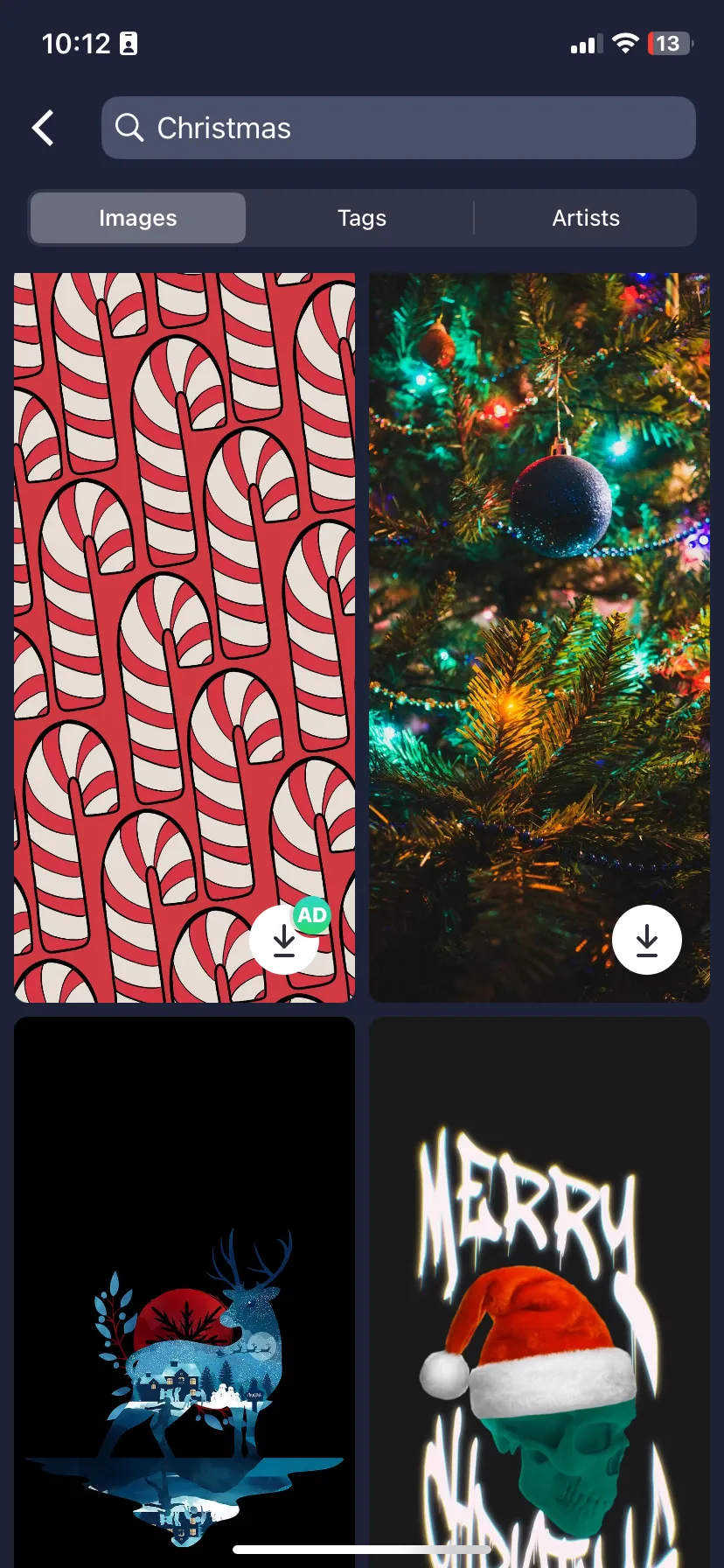 Giao diện ứng dụng Walli với nhiều tác phẩm nghệ thuật hình nền Noel độc đáo.