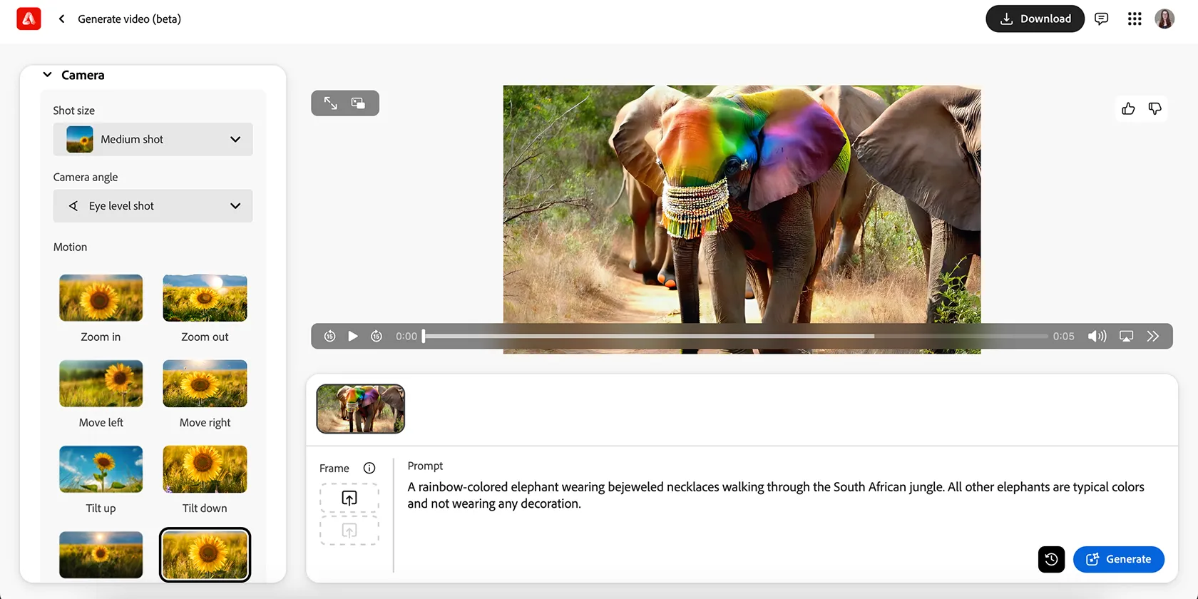 Giao diện ứng dụng web Adobe Firefly hiển thị tính năng tạo video AI Beta từ mô tả văn bản