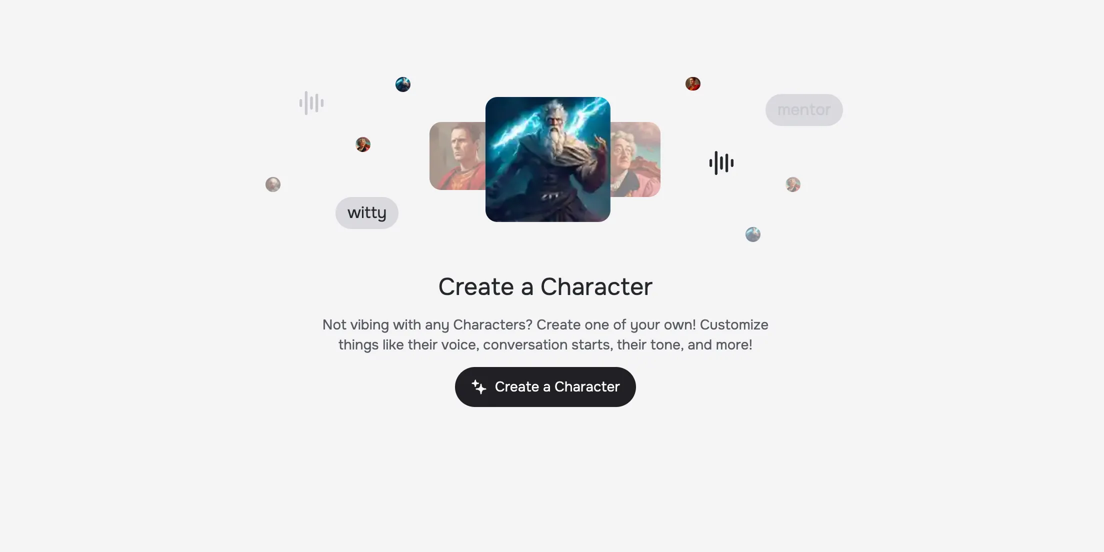 Giao diện ứng dụng web Character.AI gợi ý người dùng tạo nhân vật của riêng mình
