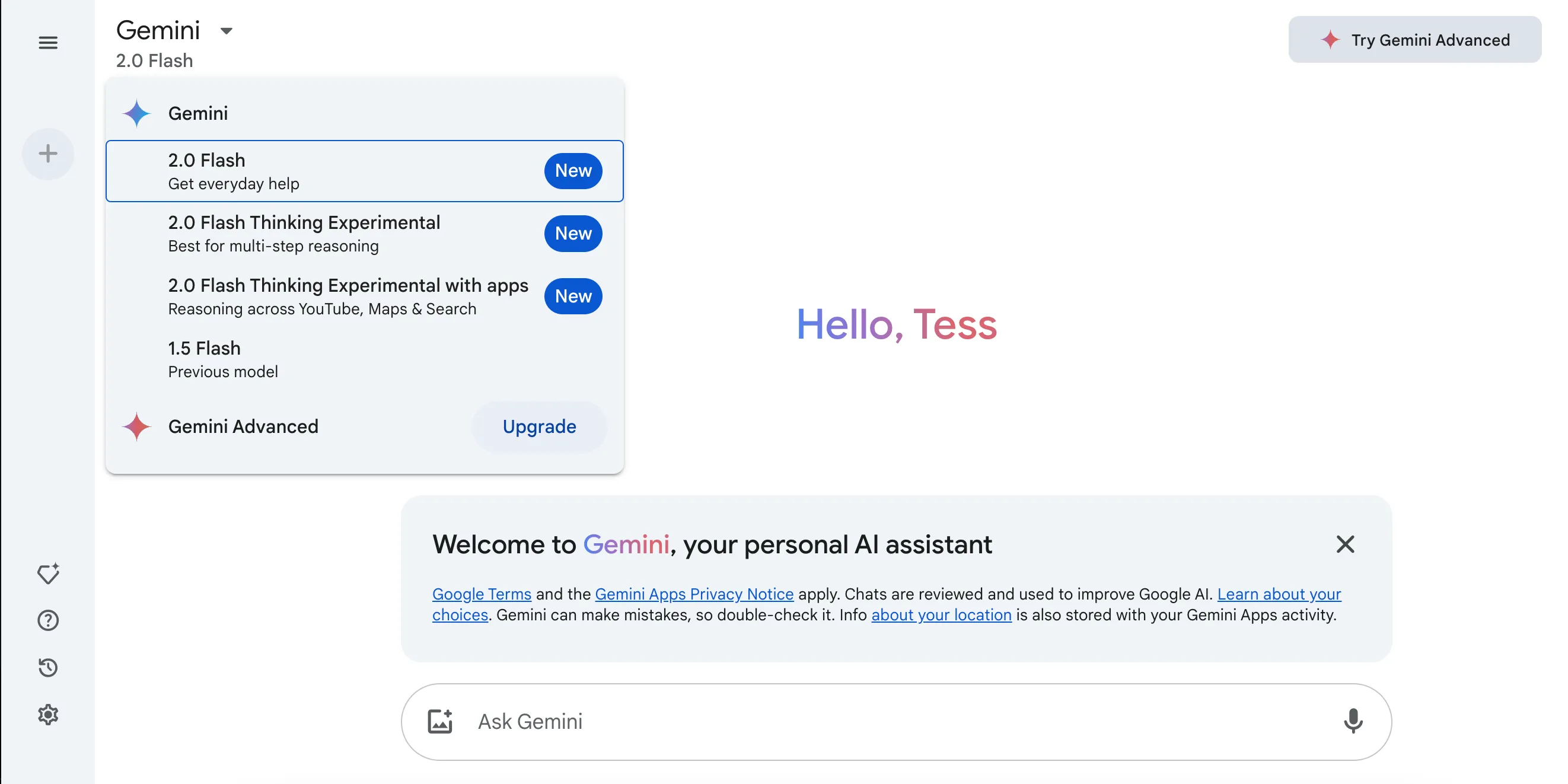 Giao diện ứng dụng web Gemini hiển thị danh sách các mô hình AI có thể lựa chọn, bao gồm Gemini 2.0 Flash.