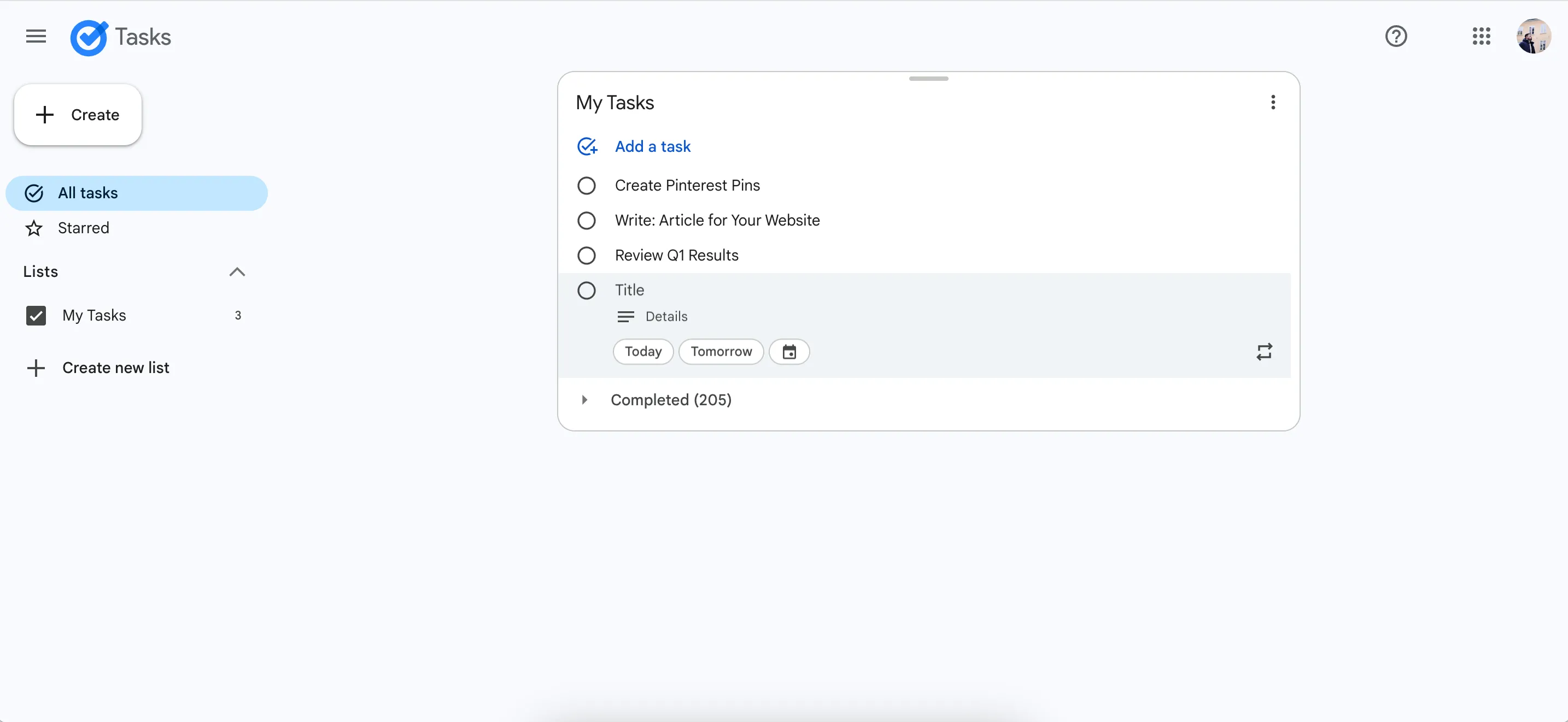Giao diện ứng dụng web Google Tasks để lập kế hoạch trong ngày
