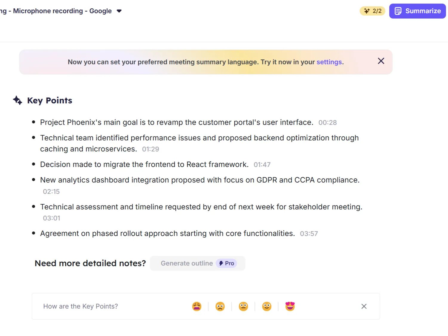Giao diện ứng dụng web Krisp hiển thị bản tóm tắt cuộc họp AI với các điểm chính