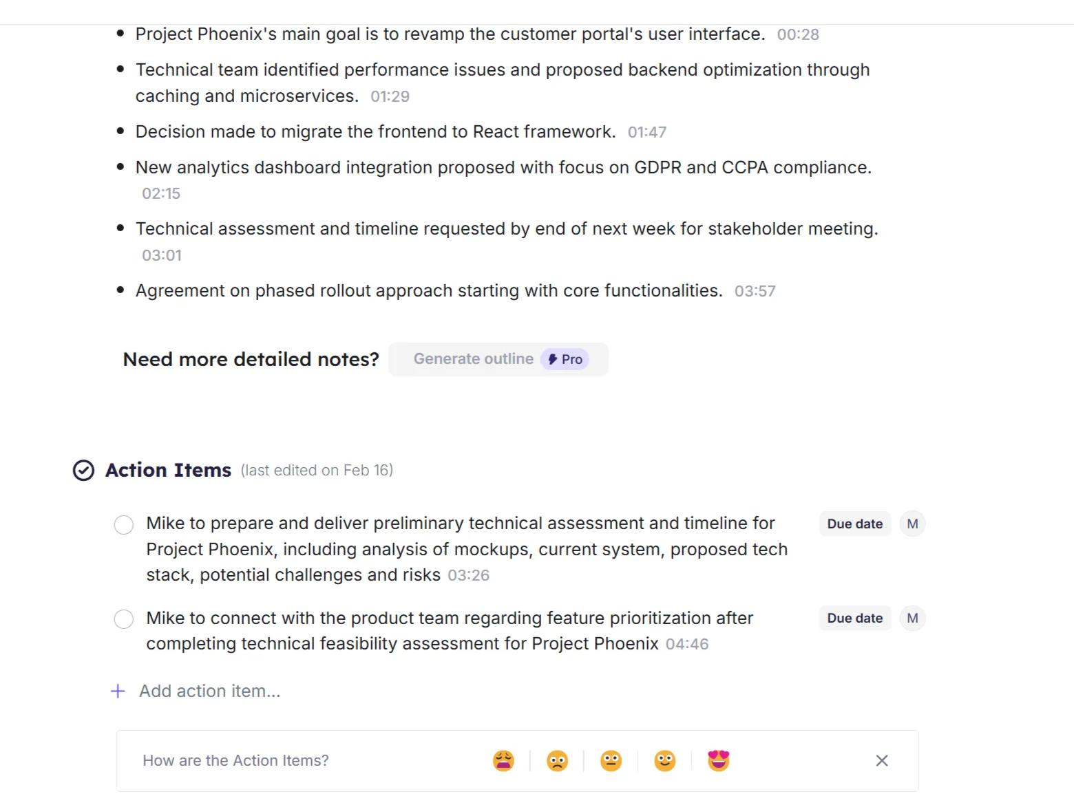 Giao diện ứng dụng web Krisp hiển thị các mục hành động được trích xuất từ cuộc họp