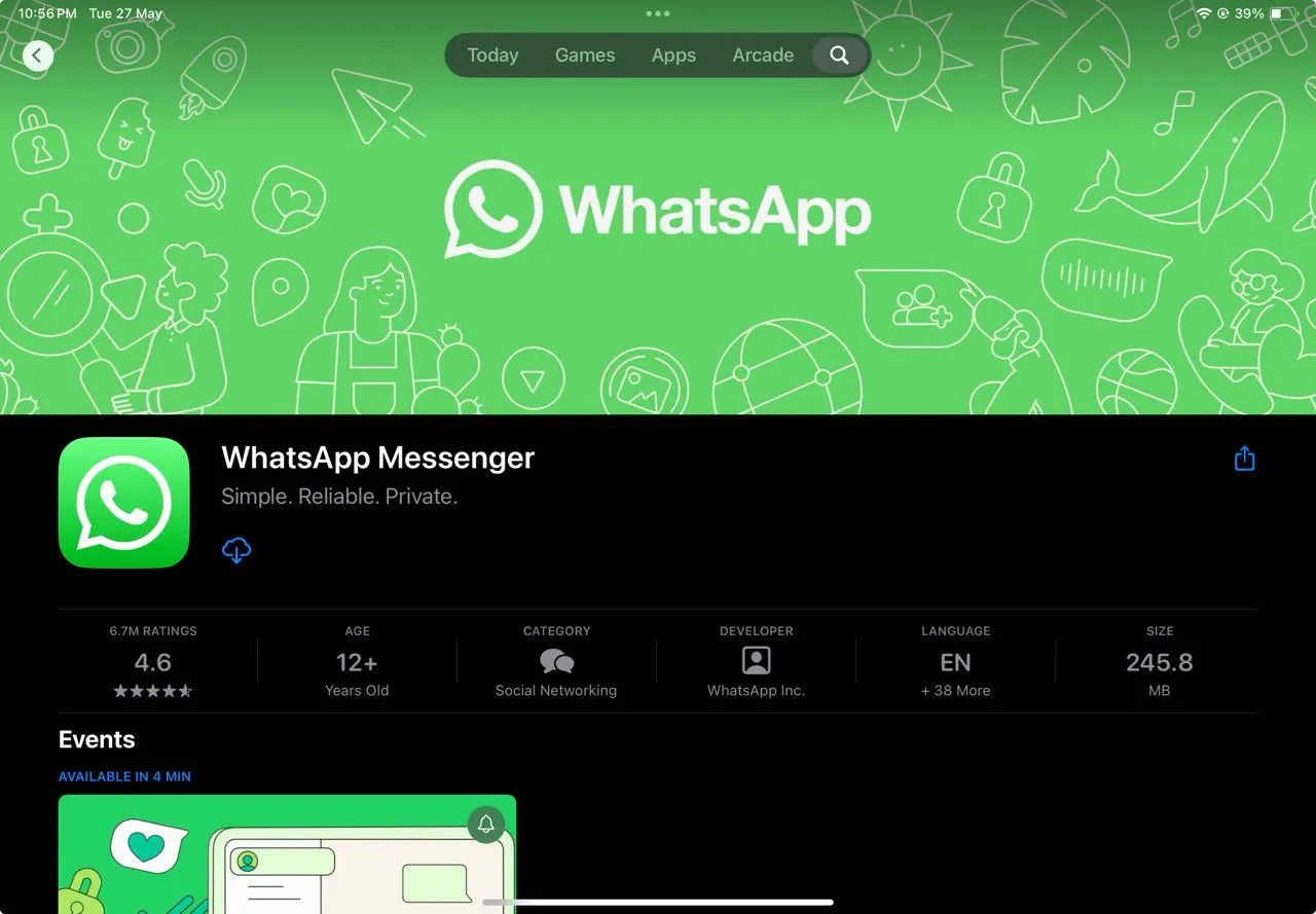 Giao diện ứng dụng WhatsApp trên App Store dành cho iPad