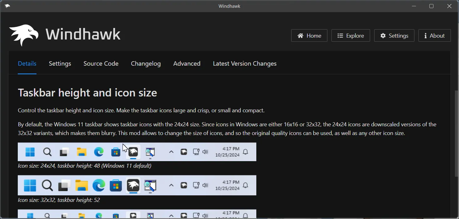Giao diện ứng dụng Windhawk hiển thị chi tiết mod Taskbar Height and Icon Size giúp tùy chỉnh thanh tác vụ và biểu tượng trên Windows 11