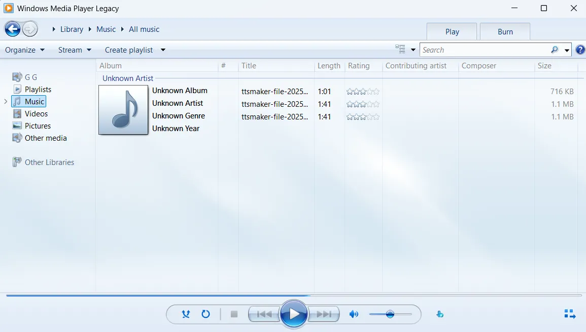 Giao diện ứng dụng Windows Media Player Legacy trên Windows 11, trình phát đa phương tiện quen thuộc