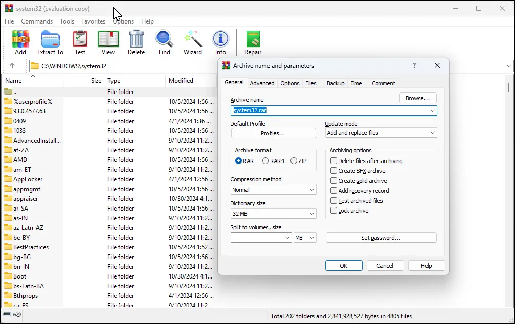 Giao diện ứng dụng WinRAR trên Windows 11 với hộp thoại nén tập tin đang mở, hiển thị các tùy chọn nén và bảo mật